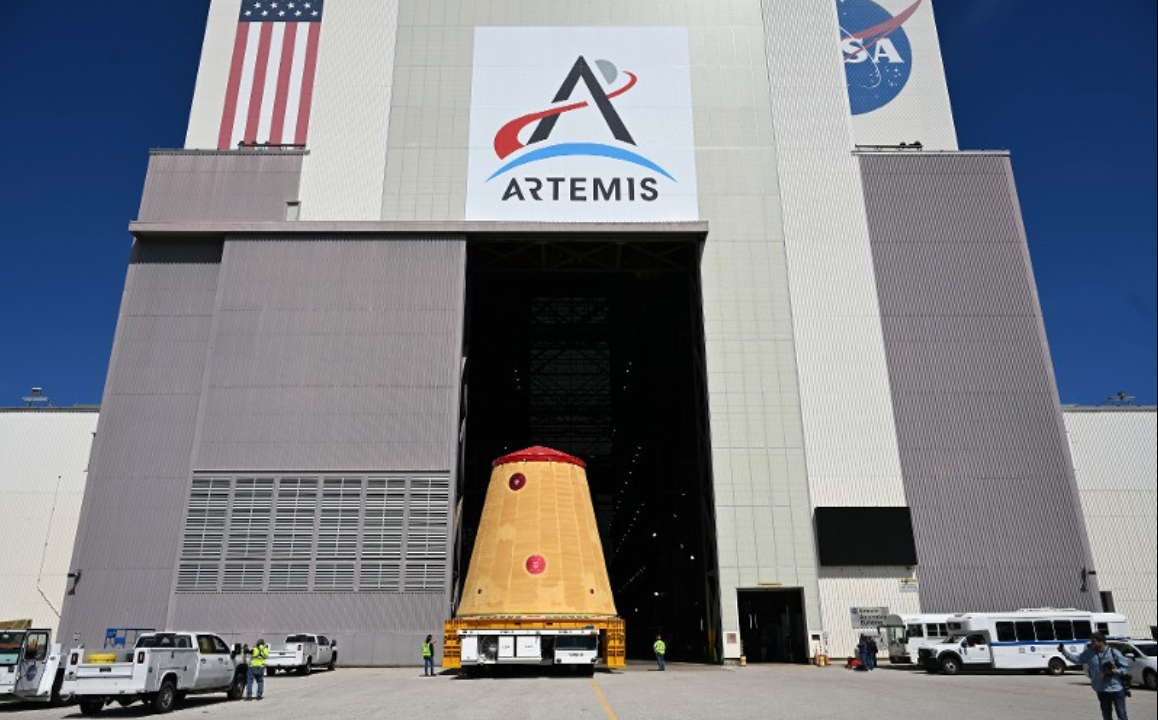 The Launch Vehicle Stage Adapter (LVSA) rolls from the Vehicle Assembly Building at the Kennedy Space Center on Friday March 7, 2025.