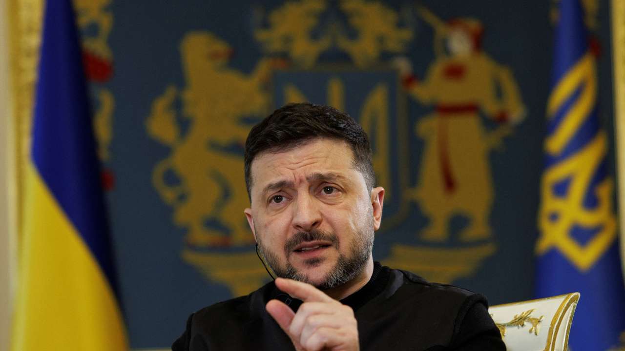 Ukraine's President Zelenskiy speaks during an interview with Reuters in Kyiv