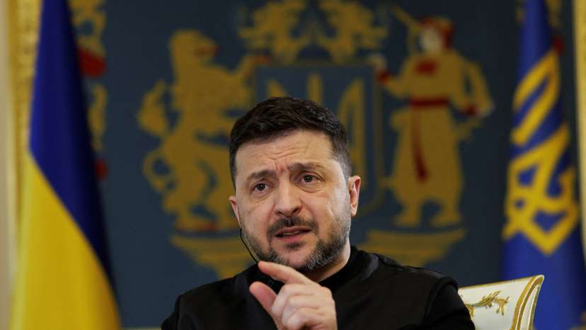 Ukraine's President Zelenskiy speaks during an interview with Reuters in Kyiv