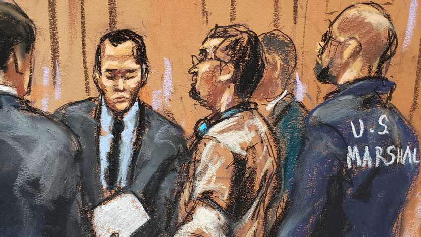 Former Honduran President Juan Orlando Hernandez sits during a court hearing in New York