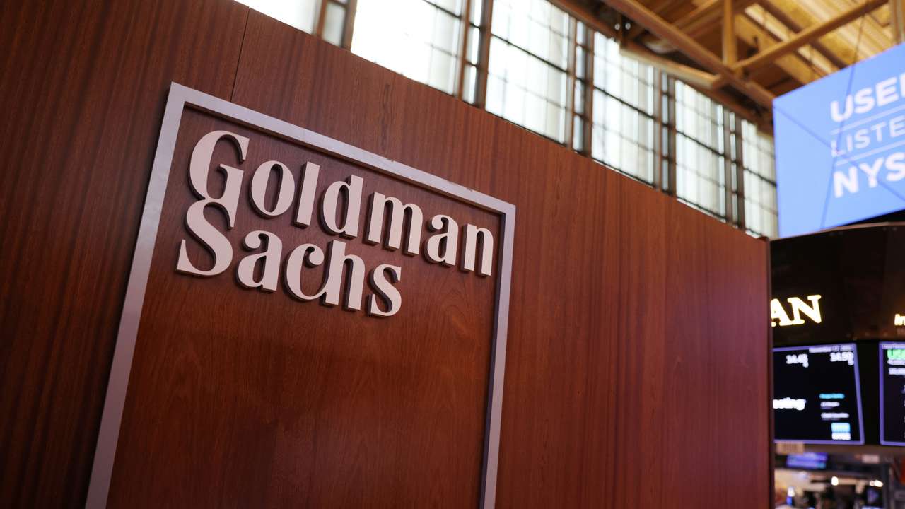 The logo for Goldman Sachs is seen on the trading floor at the New York Stock Exchange (NYSE) in New York City