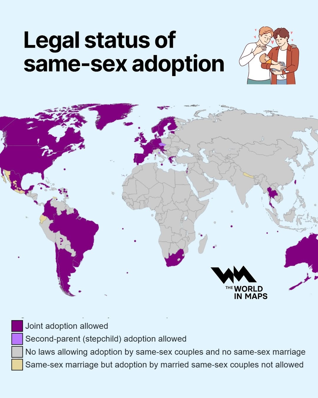 Same-sex adoption laws vary significantly around the world, reflecting broader differences in th