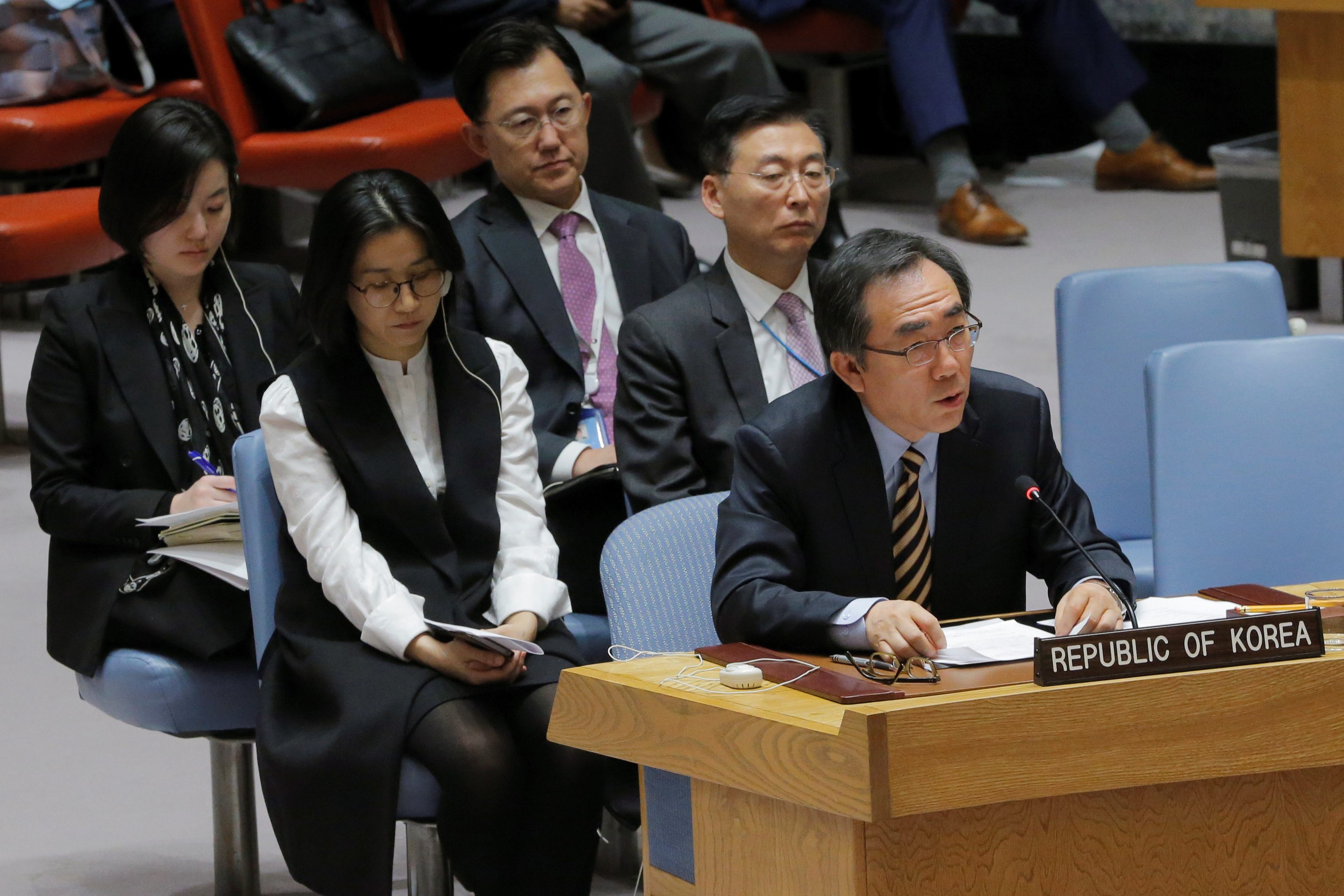 South Korean ambassador to the United Nations (UN) Cho Tae-yul (L) speaks during a meeting of the UN Security Council to discuss a North Korean missile launch at UN headquarters in New York