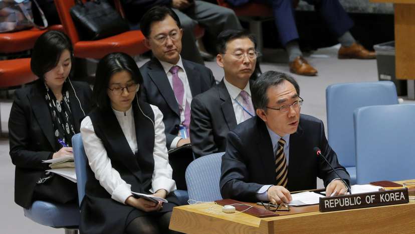 South Korean ambassador to the United Nations (UN) Cho Tae-yul (L) speaks during a meeting of the UN Security Council to discuss a North Korean missile launch at UN headquarters in New York