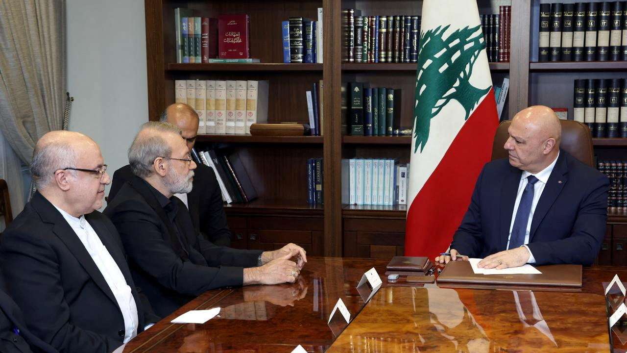 Iran's Supreme National Security Council Secretary Ali Larijani meets with Lebanese President Joseph Aoun in Baabda