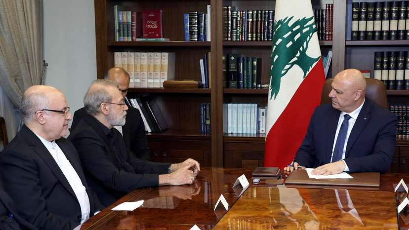 Iran's Supreme National Security Council Secretary Ali Larijani meets with Lebanese President Joseph Aoun in Baabda
