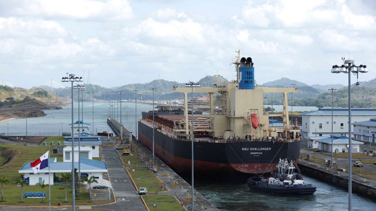 FILE PHOTO: Cargo vessels transit through the Panama Canal, on the outskirts of Panama City
