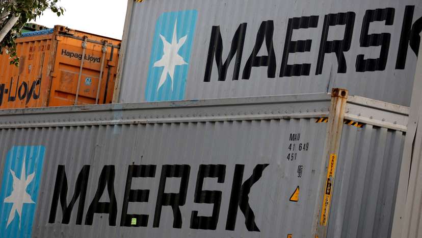 FILE PHOTO: Maersk's logo is seen in stored containers at Zona Franca in Barcelona