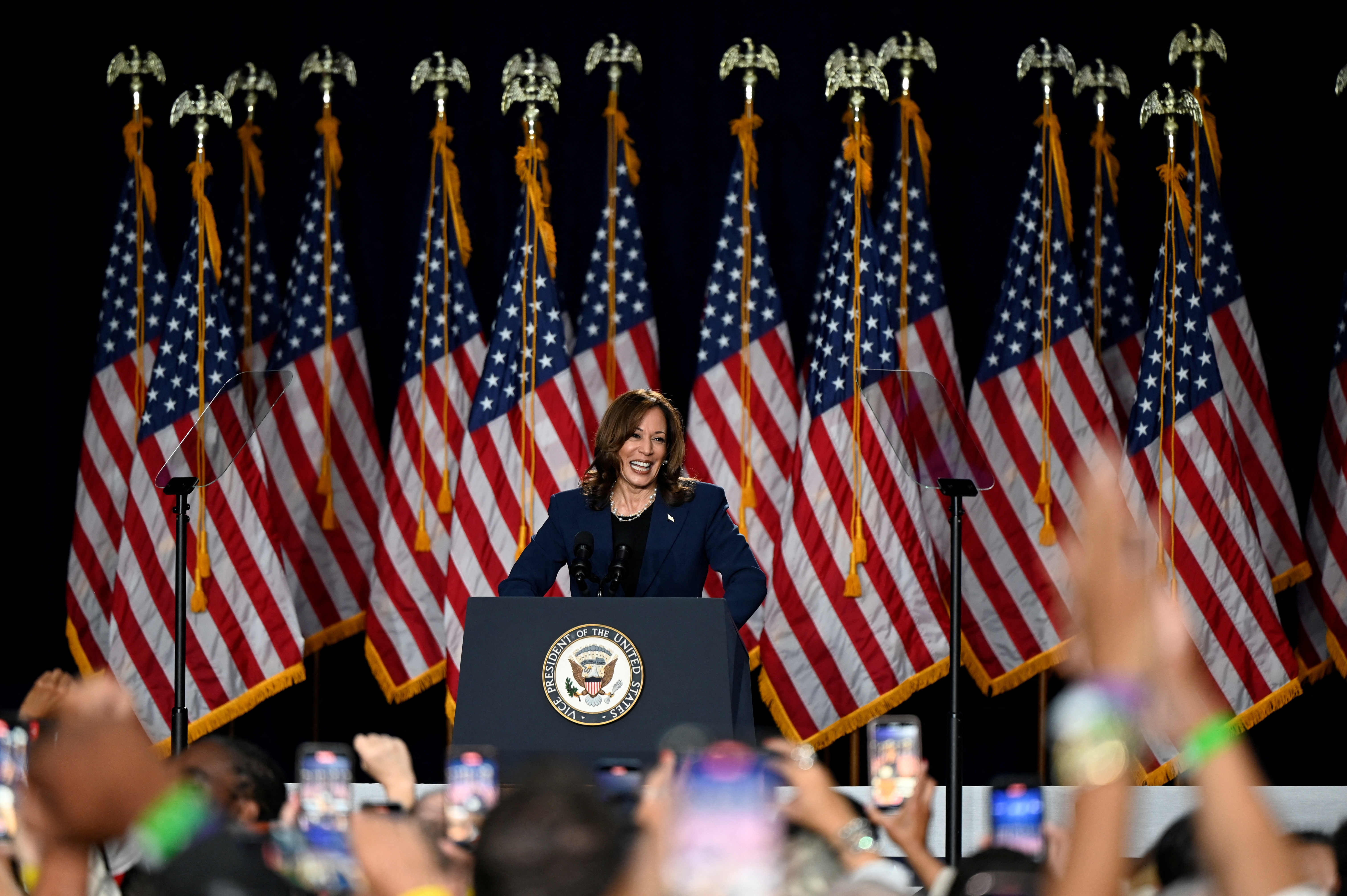 U.S. Vice President Kamala Harris attends a campaign event at West Allis Central High School