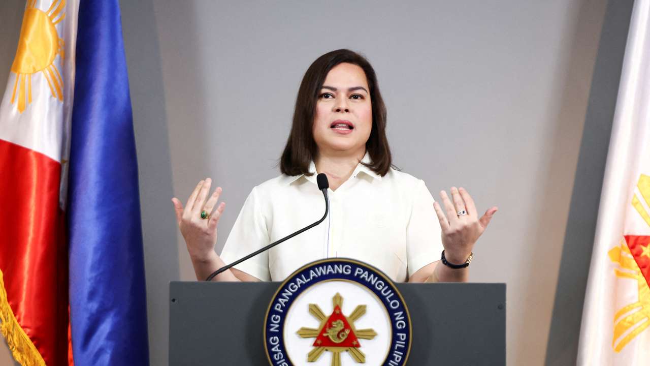FILE PHOTO: Philippine Vice President Sara Duterte delivers a statement following her impeachment by the lower house of the Congress