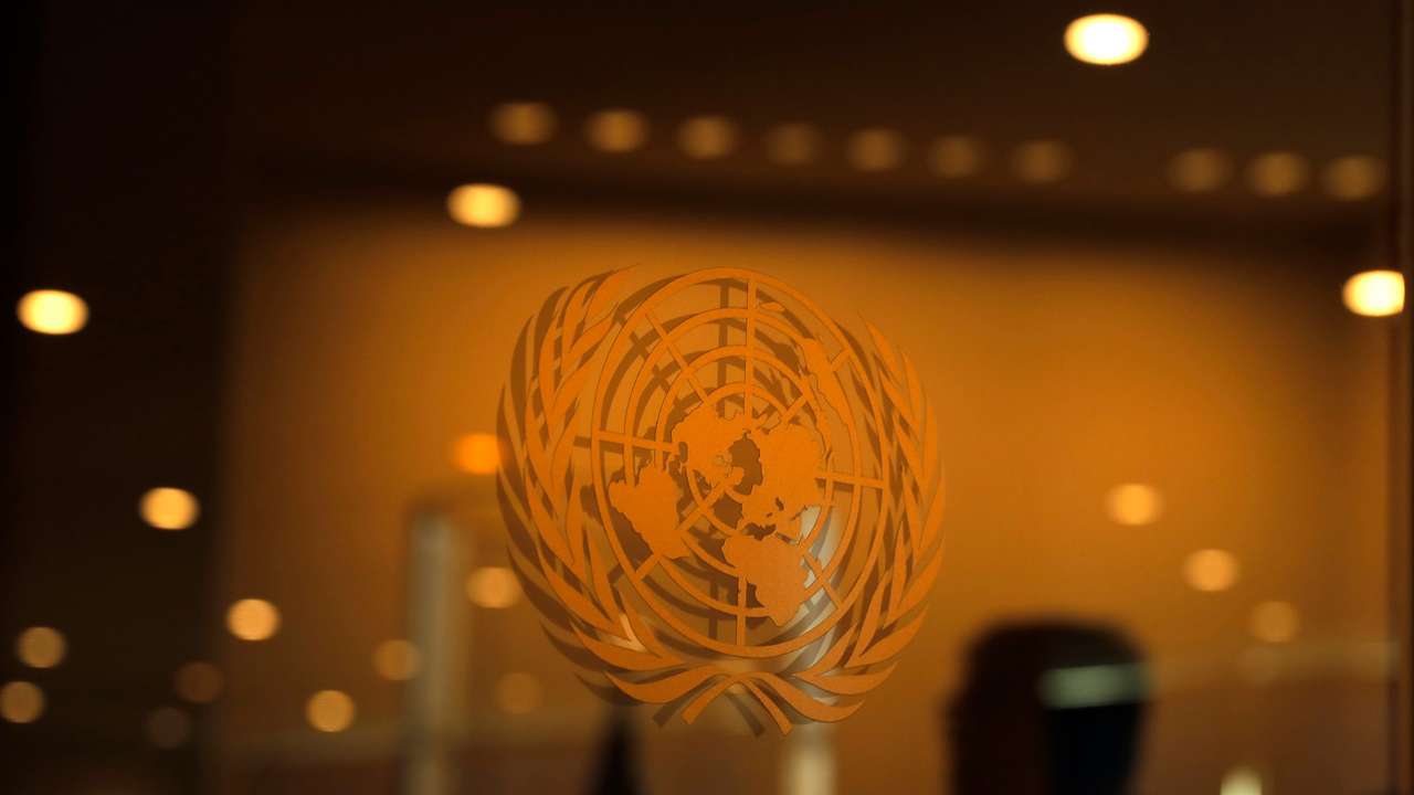 The United Nations logo is seen during the 2019 United Nations Climate Action Summit at U.N. headquarters in New York City, New York, U.S.
