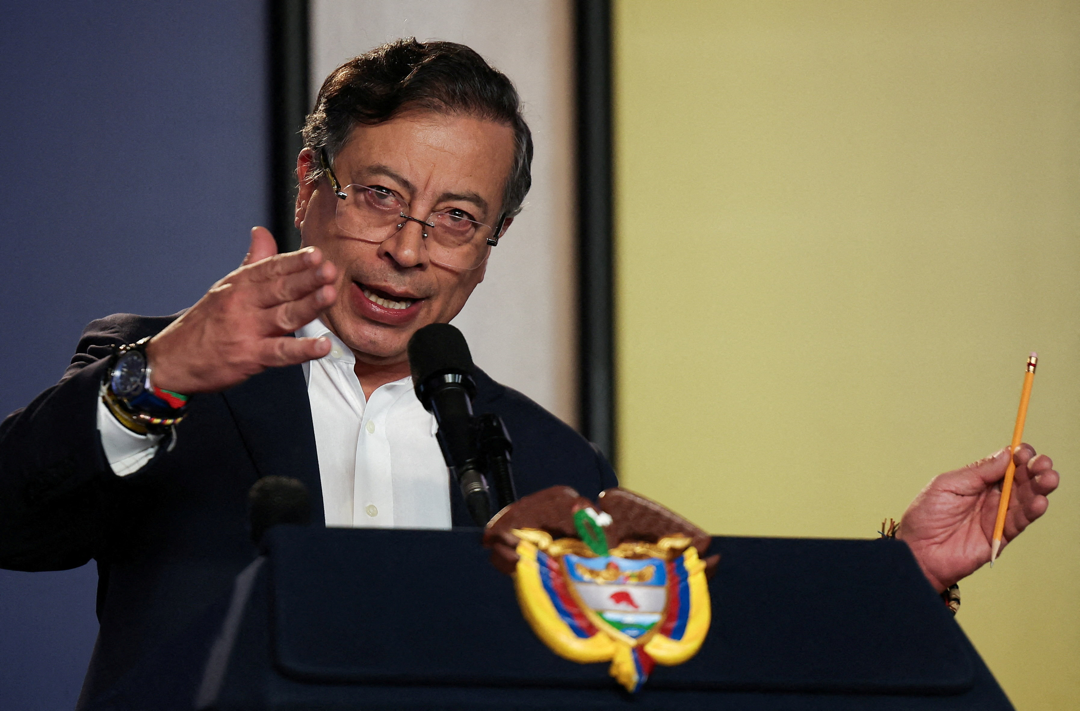 FILE PHOTO: Colombian President Gustavo Petro holds a press conference in Bogota