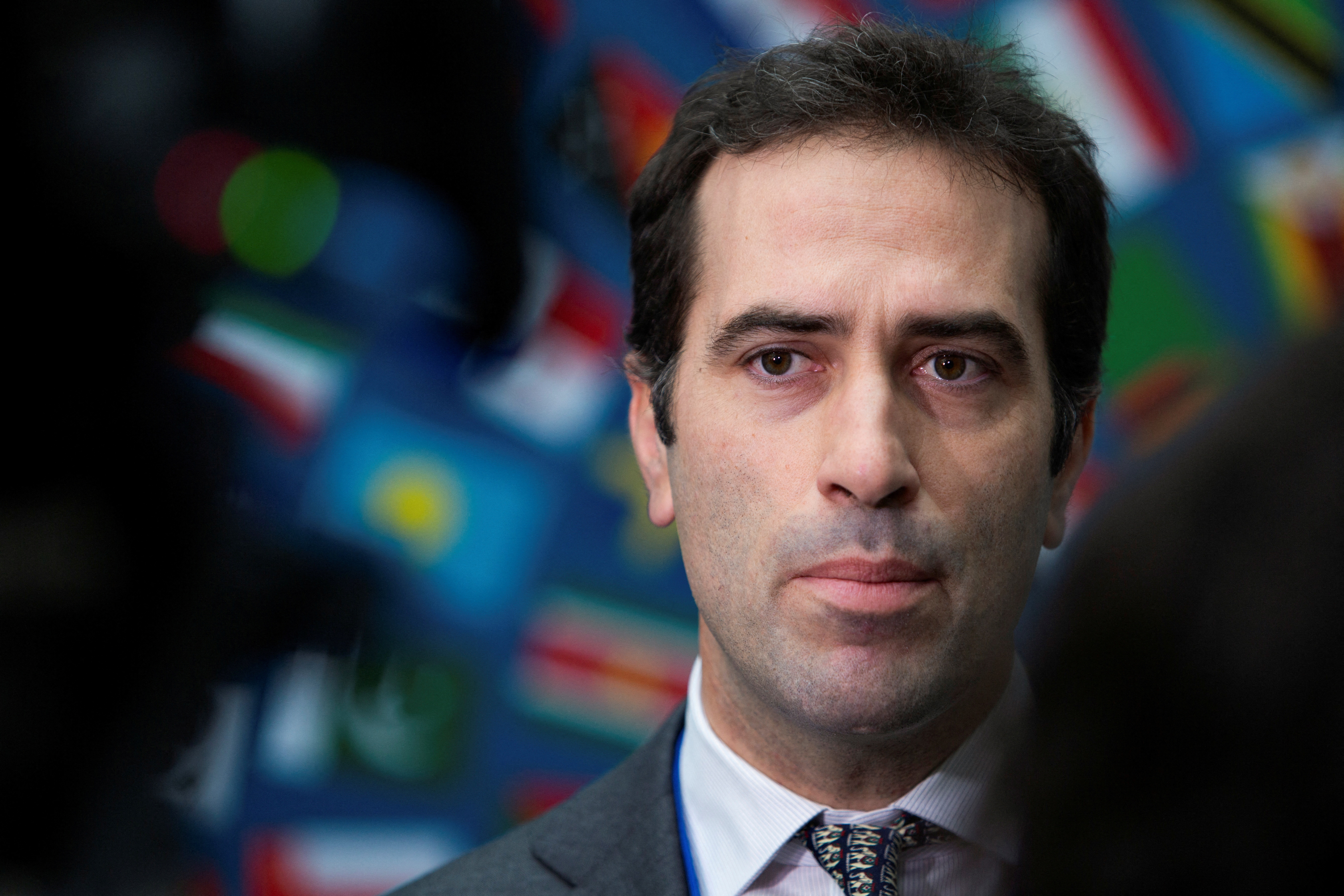 FILE PHOTO: Spain Minister of Economy, Trade, and Enterprise Carlos Cuerpo participates in a media interview at the International Monetary Fund (IMF) and the World Bank Group 2024 Fall Meeting in Washington