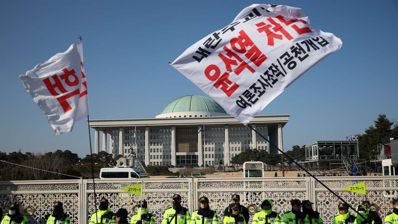 Rally calling for the impeachment of South Korean President Yoon Suk Yeol, who declared martial law, which was reversed hours later, in front of the National Assembly in Seoul
