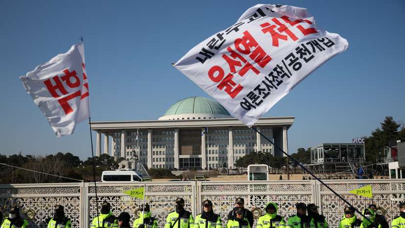 Rally calling for the impeachment of South Korean President Yoon Suk Yeol, who declared martial law, which was reversed hours later, in front of the National Assembly in Seoul