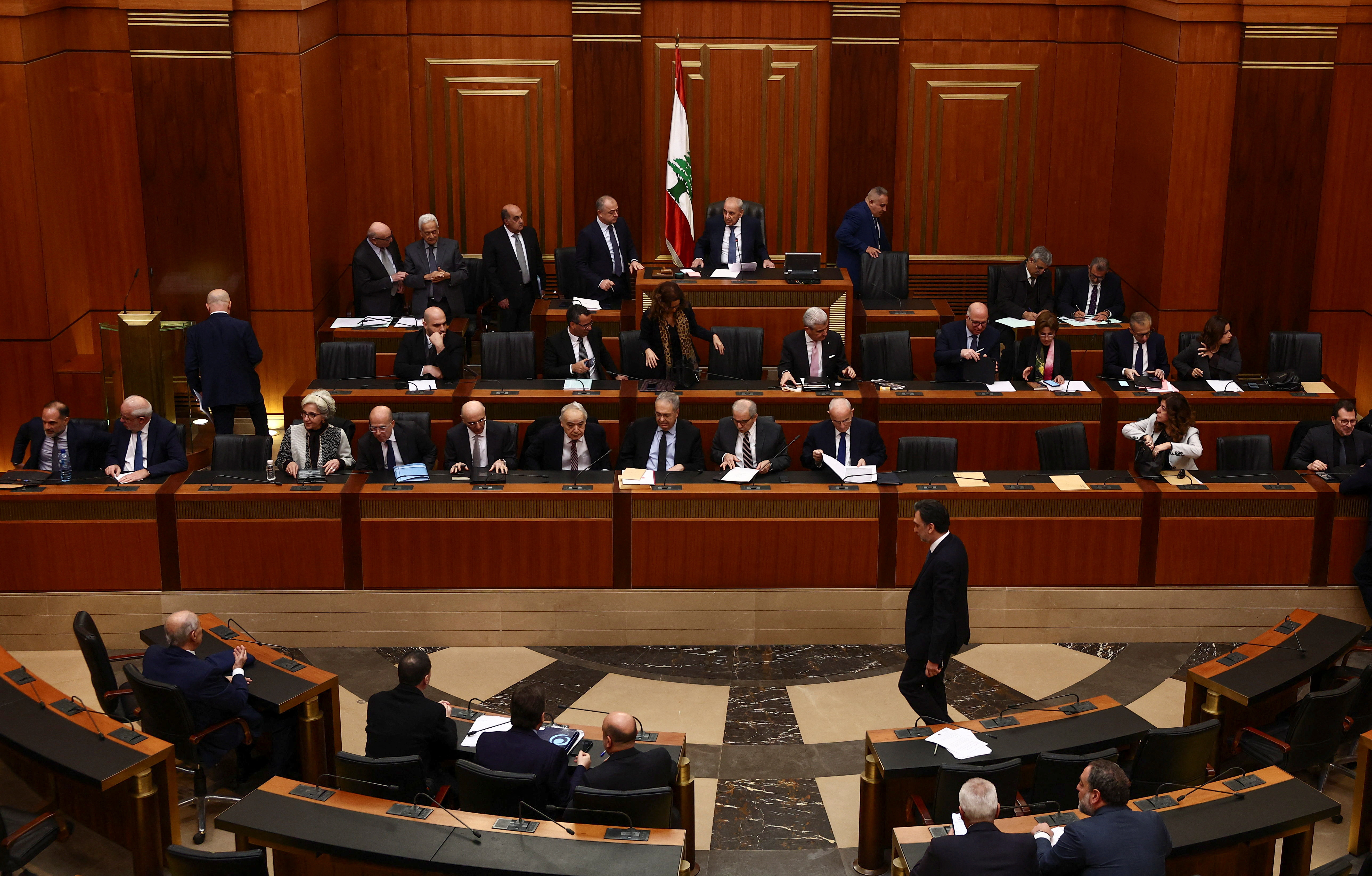 Lebanese Parliament Speaker Nabih Berri and members of the new Lebanese government attend a plenary session for a vote of confidence in Beirut