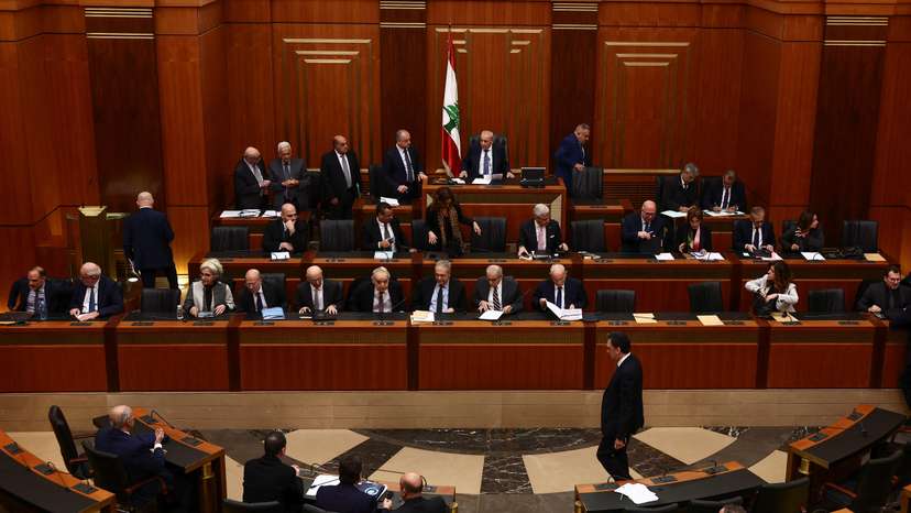 Lebanese Parliament Speaker Nabih Berri and members of the new Lebanese government attend a plenary session for a vote of confidence in Beirut