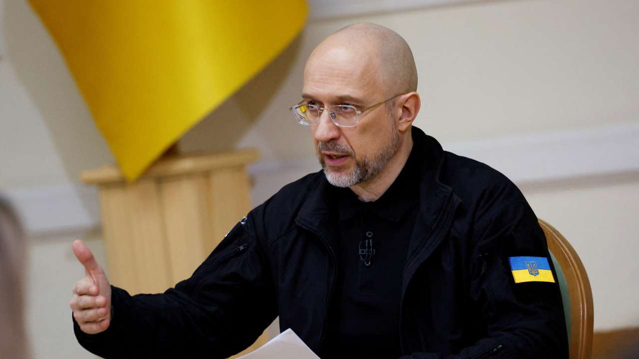FILE PHOTO: Ukraine's Prime Minister Denys Shmyhal holds a press conference in Kyiv