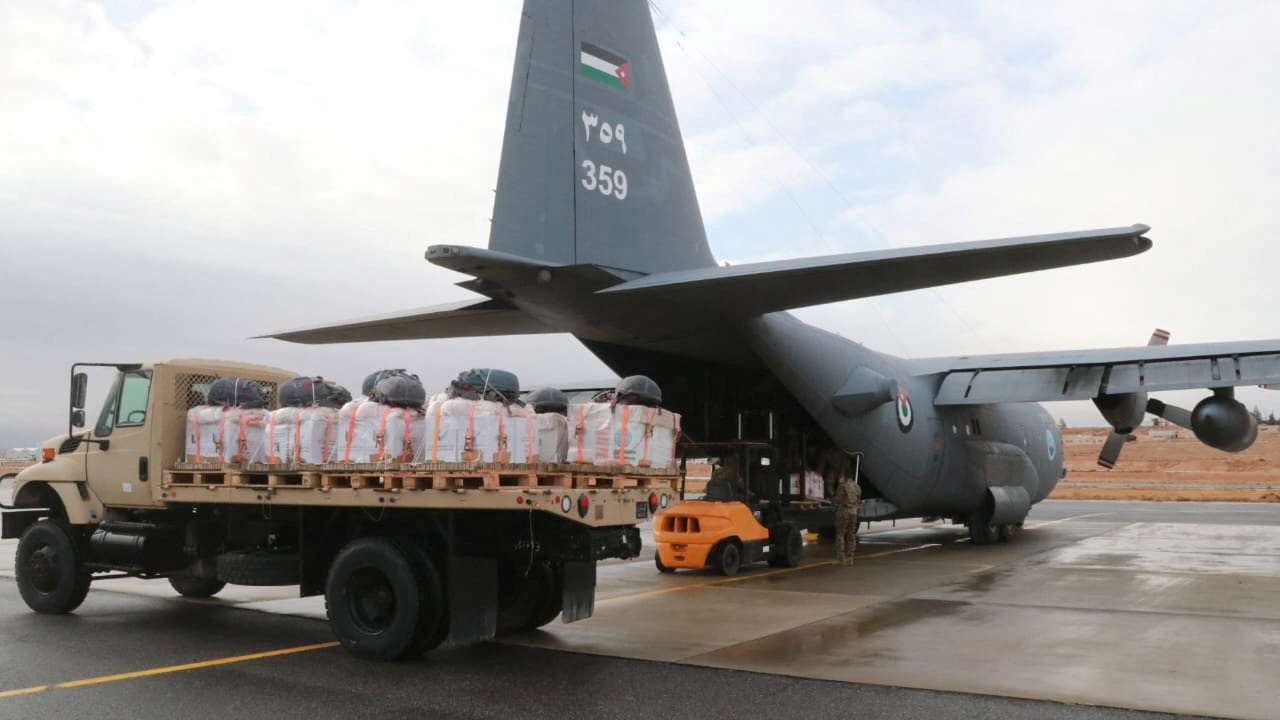 A picture released on November 26, 2024, by the Jordanian Armed Forces website shows what it said was aid parcels to be loaded inside a plane and destined for Gaza, in Zarqa
