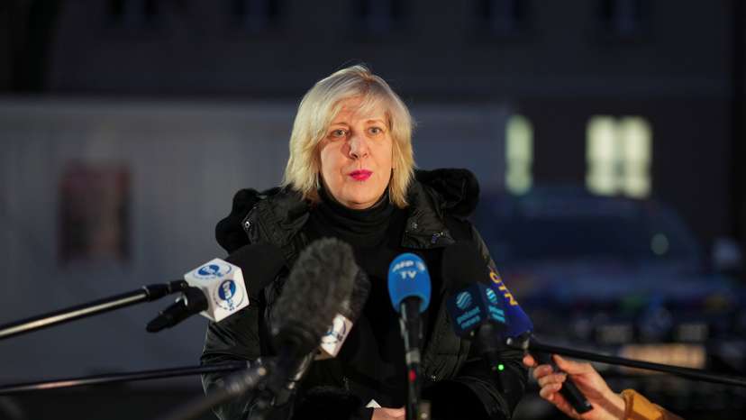 Dunja Mijatovic, the Council of Europe’s Human Rights Commissioner, addresses the media in Michalowo