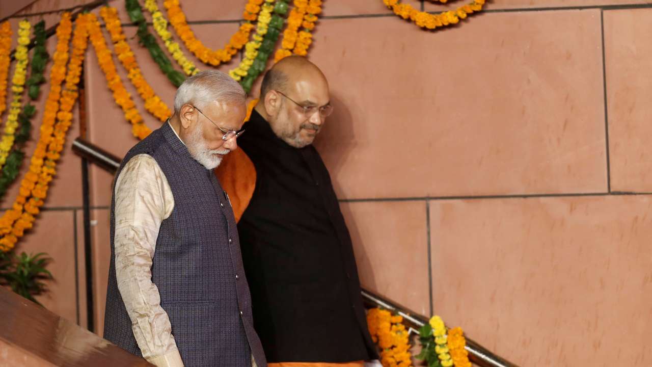 BJP President Amit Shah and Indian Prime Minister Narendra Modi are seen after the election results in New Delhi