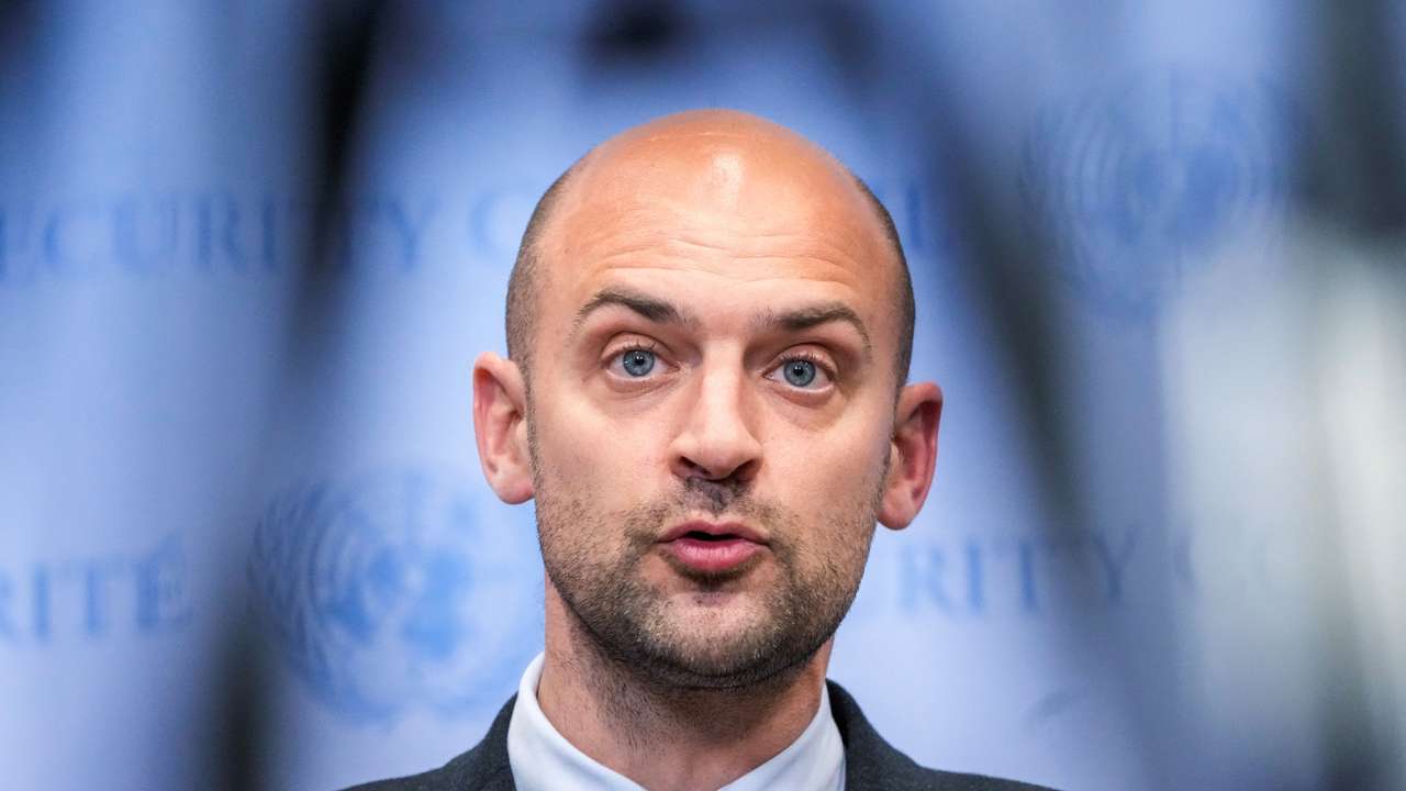FILE PHOTO: France's Minister for Europe and Foreign Affairs Jean-Noel Barrot speaks during a stakeout outside the Security Council at U.N. Headquarters in New York