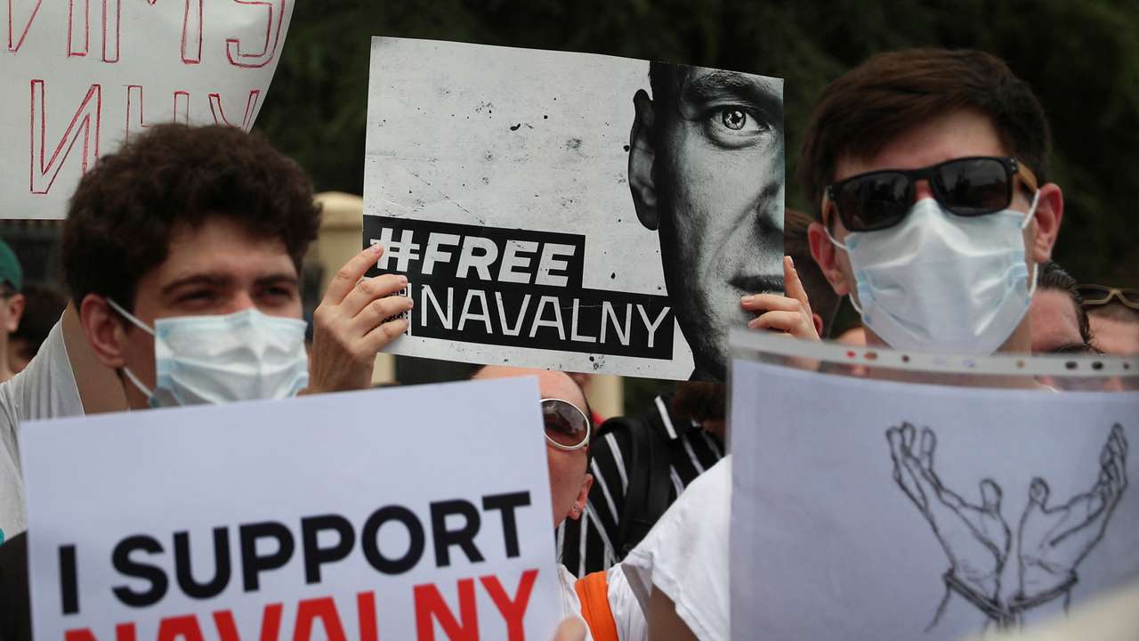 Activists hold a rally in support of jailed Russian opposition politician Alexei Navalny in Tbilisi