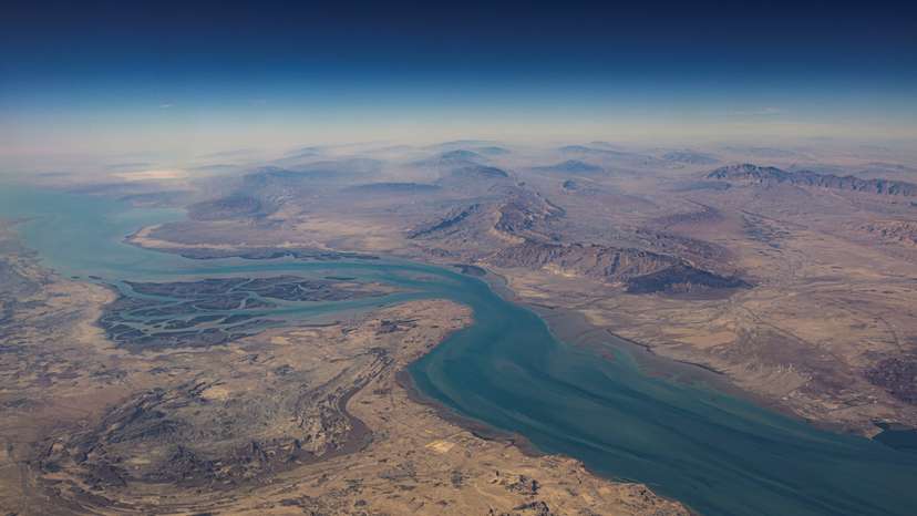 FILE PHOTO: An aerial view of the Iranian shores and the island of Qeshm in the strait of Hormuz
