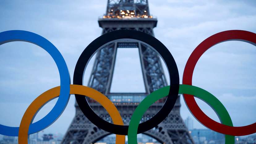 FILE PHOTO: Olympic rings to celebrate the IOC official announcement that Paris won the 2024 Olympic bid are seen in front of the Eiffel Tower at the Trocadero square in Paris