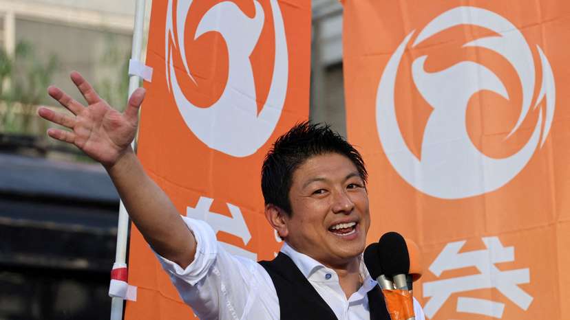 Japan's Sanseito party leader Sohei Kamiya delivers a speech during a party rally in Tokyo
