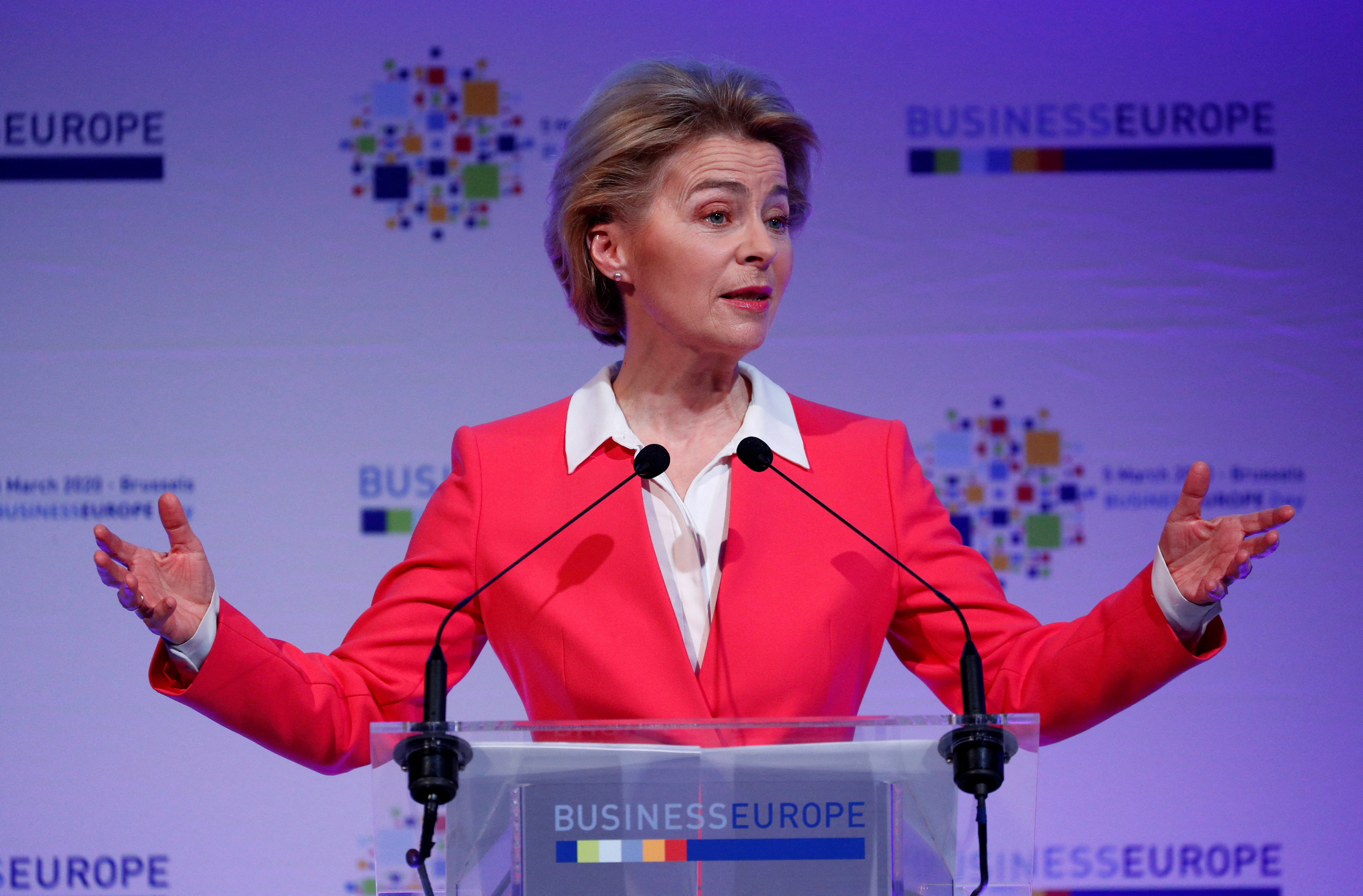 FILE PHOTO: EU Commission President von der Leyen delivers a speech in Brussels