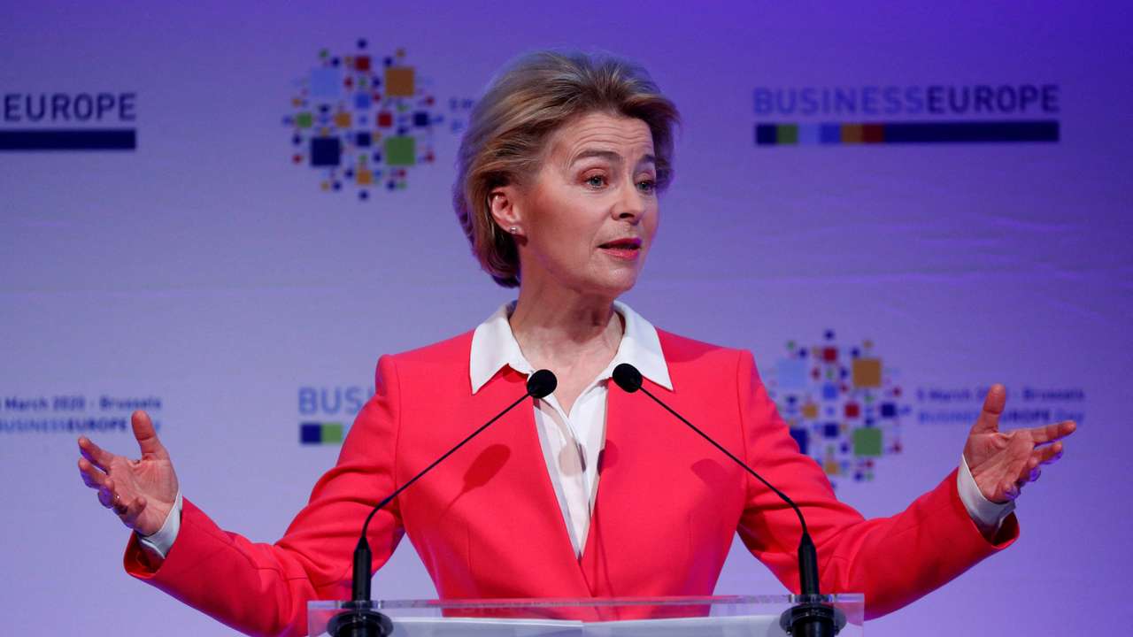 FILE PHOTO: EU Commission President von der Leyen delivers a speech in Brussels