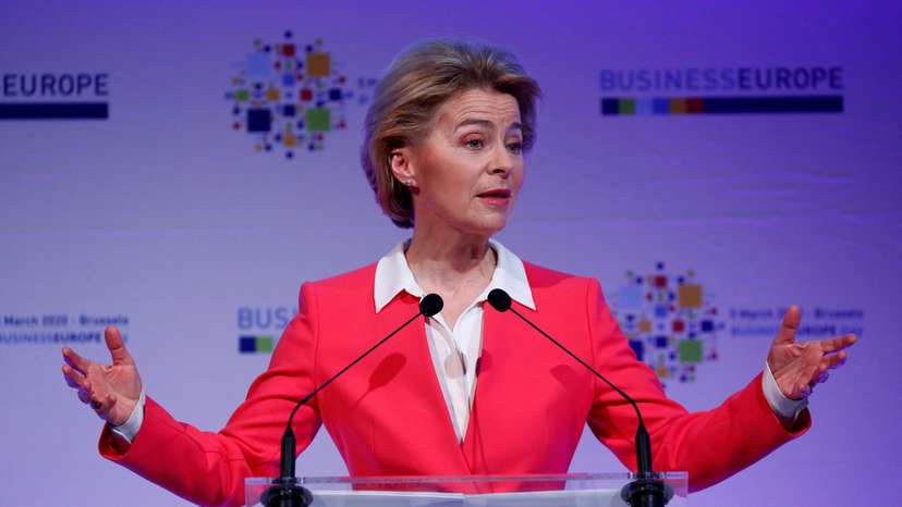 FILE PHOTO: EU Commission President von der Leyen delivers a speech in Brussels