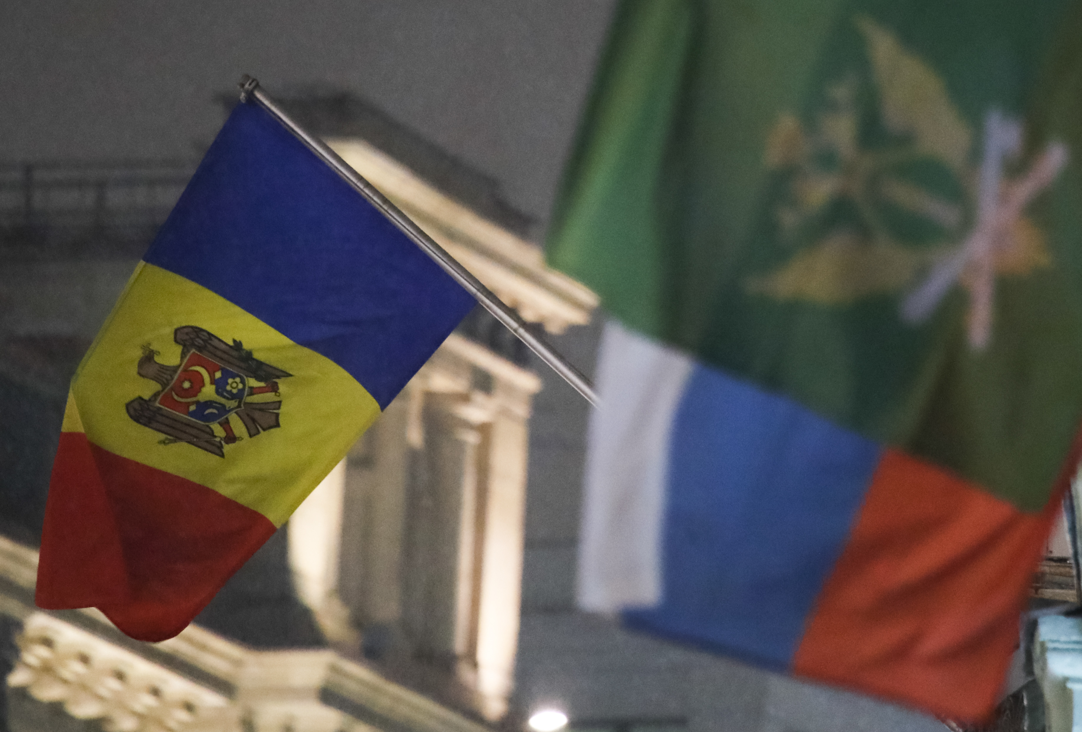 The state flag of Moldova flies outside the country's embassy in Moscow