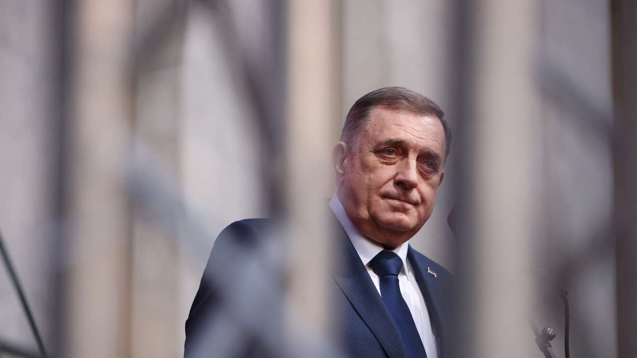 President of Republika Srpska (Serb Republic) Milorad Dodik addresses supporters during a protest in Banja Luka