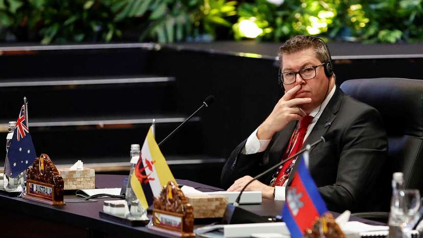 Australia's Minister for Defence Industry Pat Conroy gestures during the 10th Association of Southeast Asian Nations (ASEAN) Defense Ministers' Meeting Plus in Jakarta