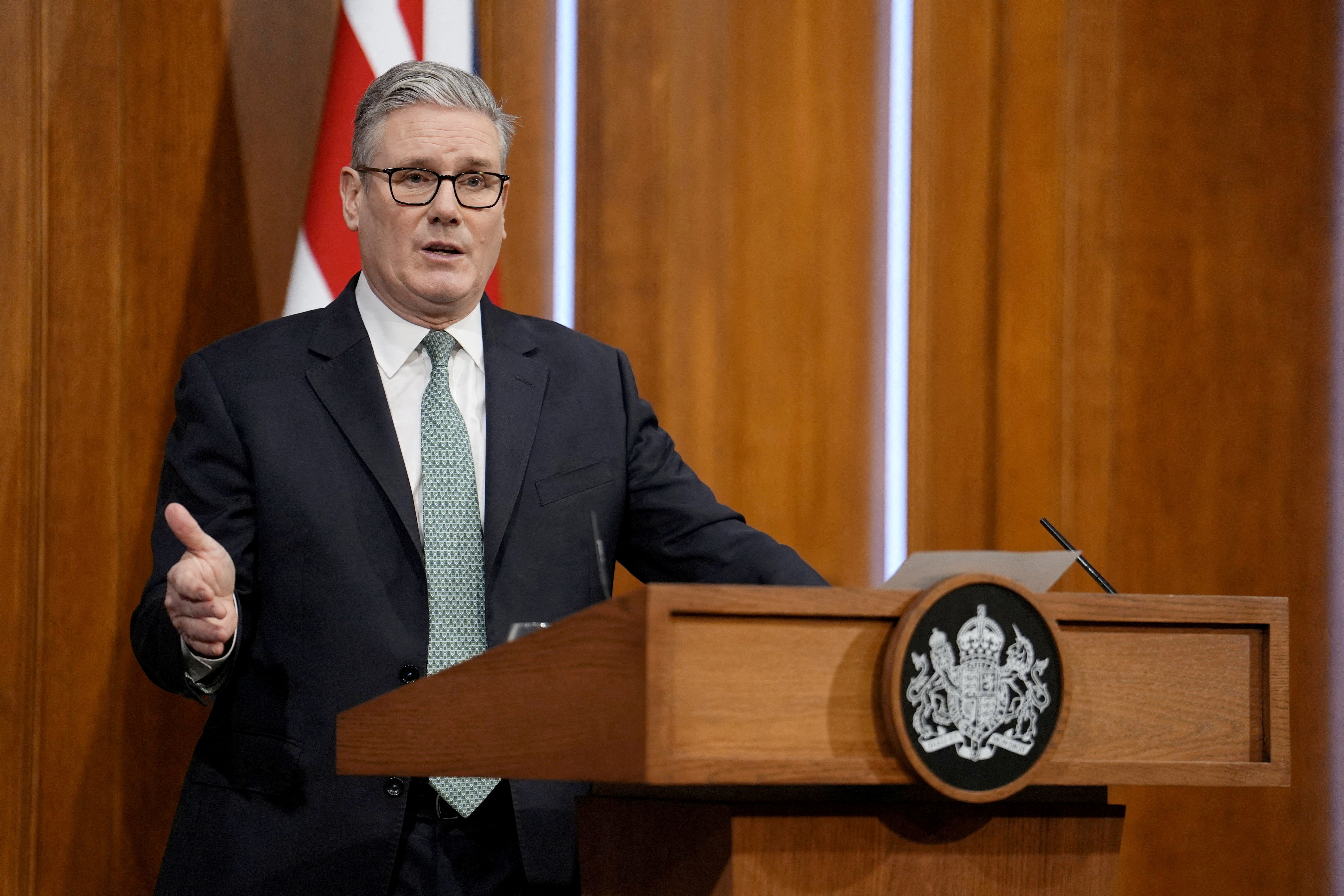FILE PHOTO: British Prime Minister Starmer delivers a statement in London