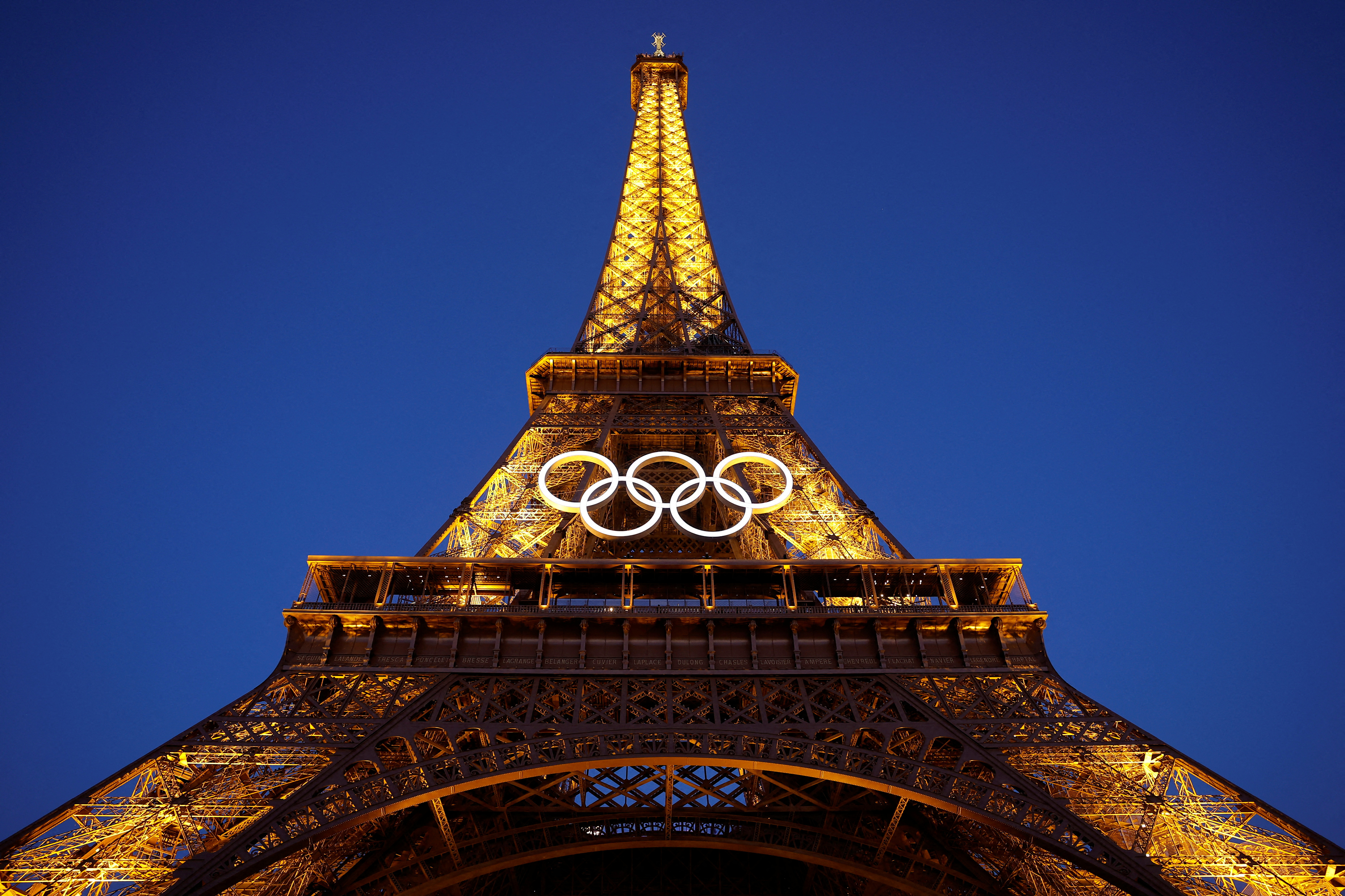 The Olympic rings displayed on the first floor of the Eiffel Tower