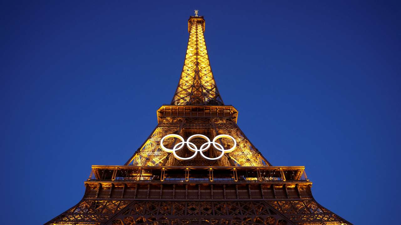 The Olympic rings displayed on the first floor of the Eiffel Tower