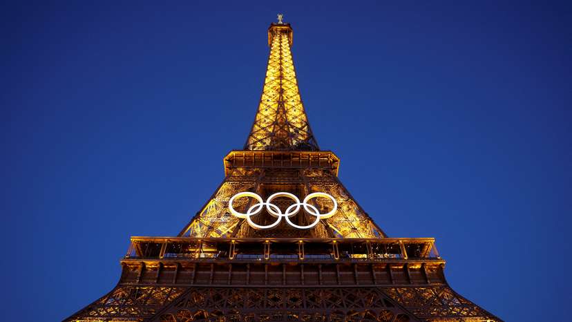 The Olympic rings displayed on the first floor of the Eiffel Tower