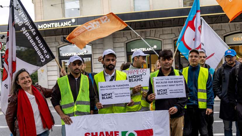 Italian contractors of Montblanc demonstrate outside the brand’s shop in Geneva