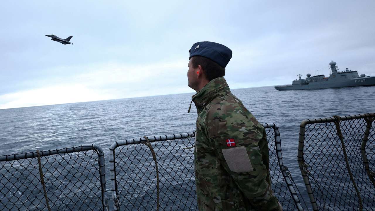 The frigate Niels Juel sails off the coast of Greenland during military drills