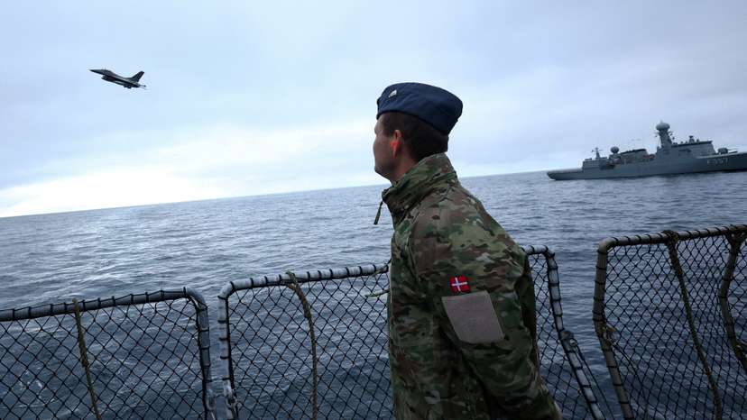 The frigate Niels Juel sails off the coast of Greenland during military drills