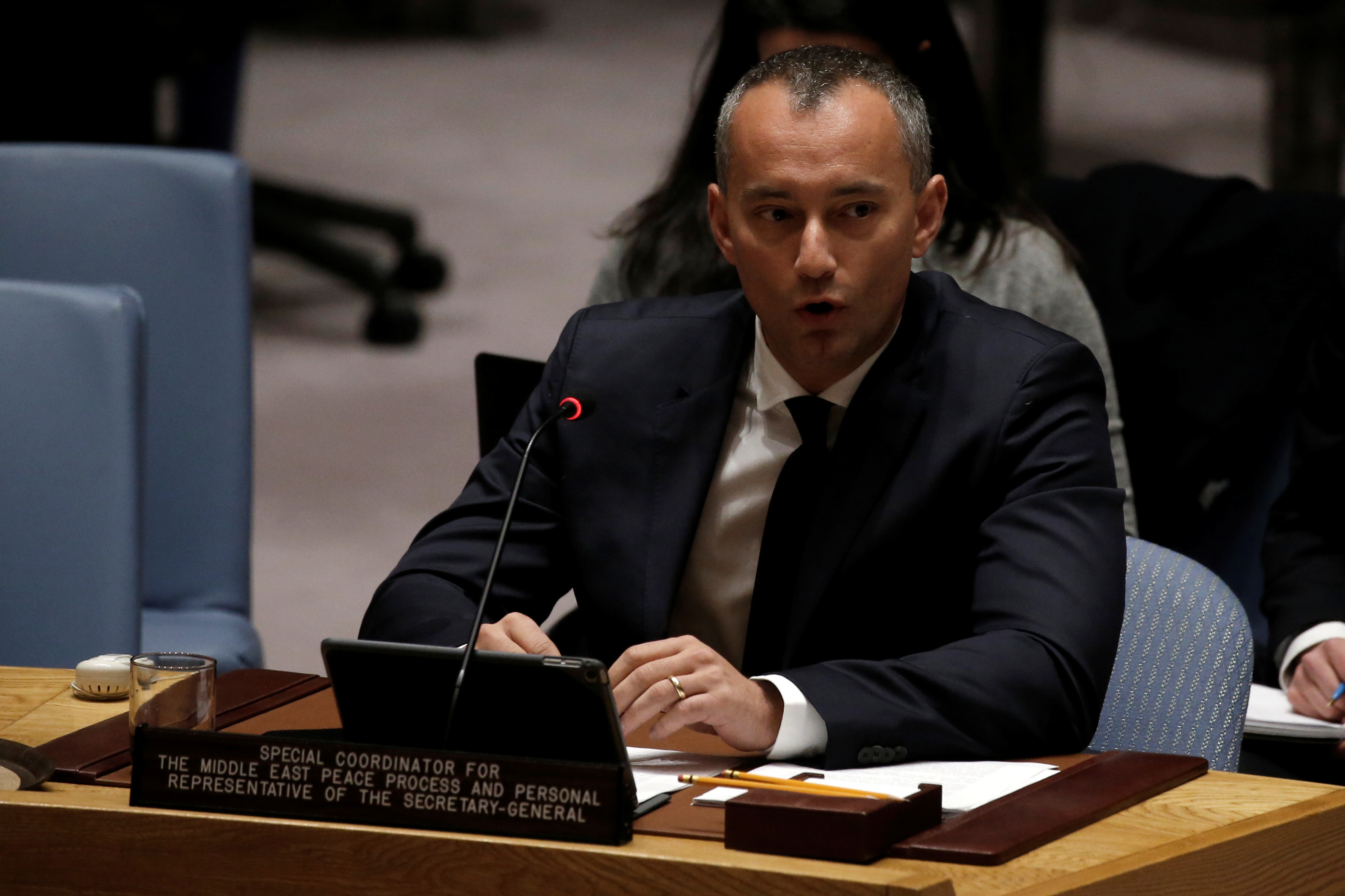 Nickolay Mladenov, U.N. Special Coordinator for the Middle East Peace Process, briefs the U.N. Security Council during a council meeting on the situation in the Middle East at U.N. headquarters in New York City
