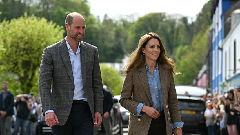 Britain's Prince William, Prince of Wales and Britain's Catherine, Princess of Wales arrive to visit to Aros Hall community hub in Tobermory