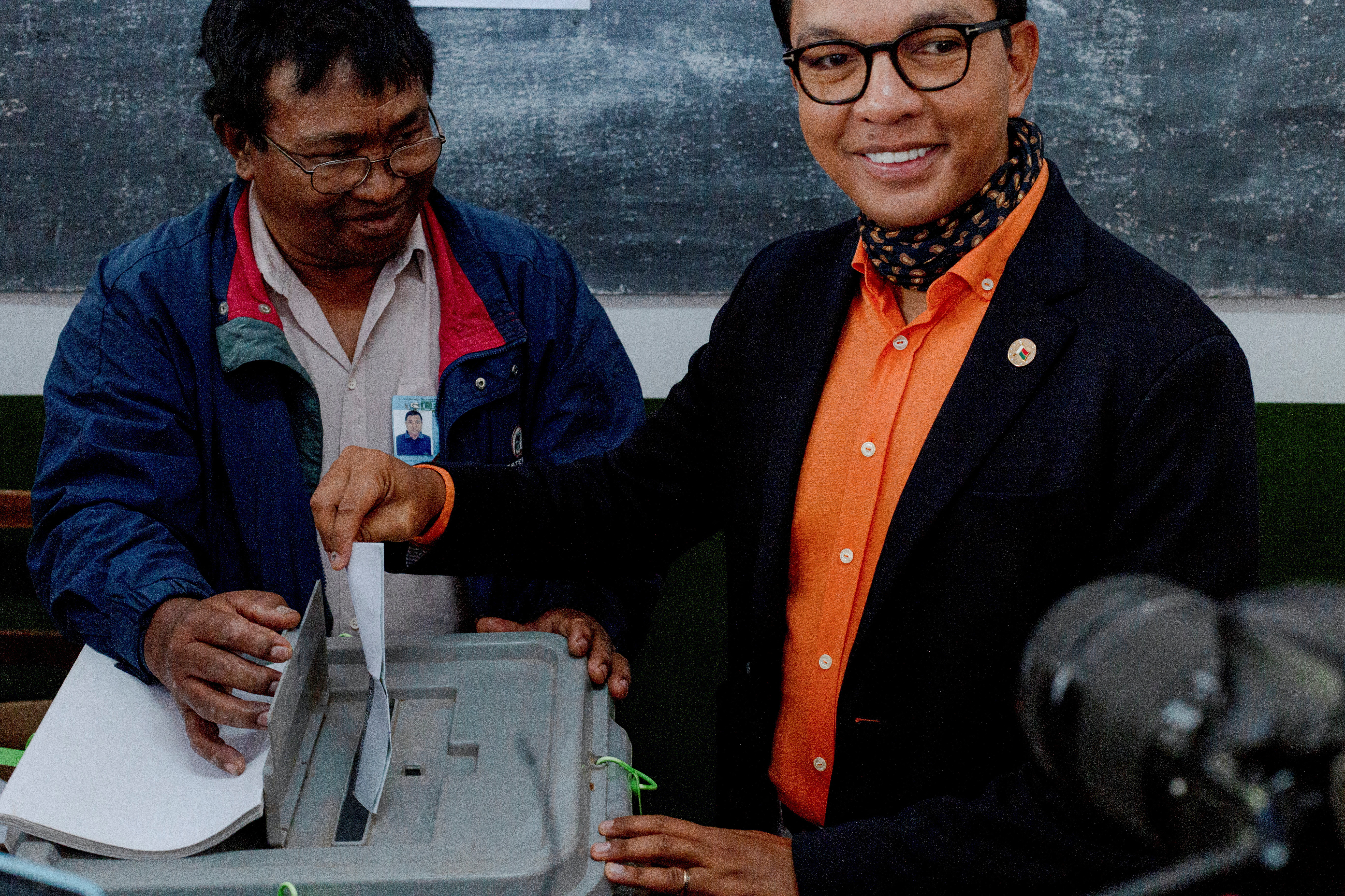 Madagascar's President and a presidential candidate Andry Rajoelina casts his ballot at a polling station during the presidential election in Ambatobe