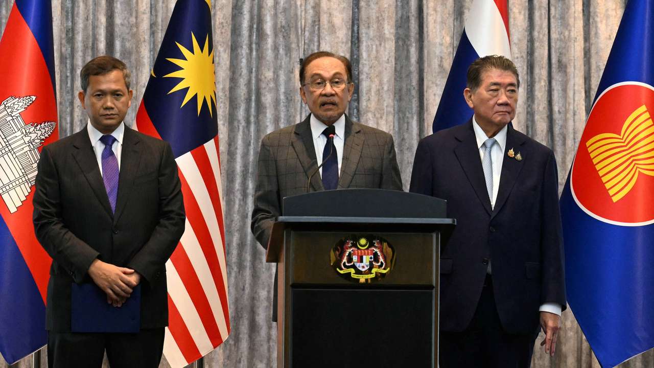 Malaysia's Prime Minister Ibrahim, Cambodia's Prime Minister Manet and Thailand's acting Prime Minister Wechayachai take part in mediation talks, in Putrajaya