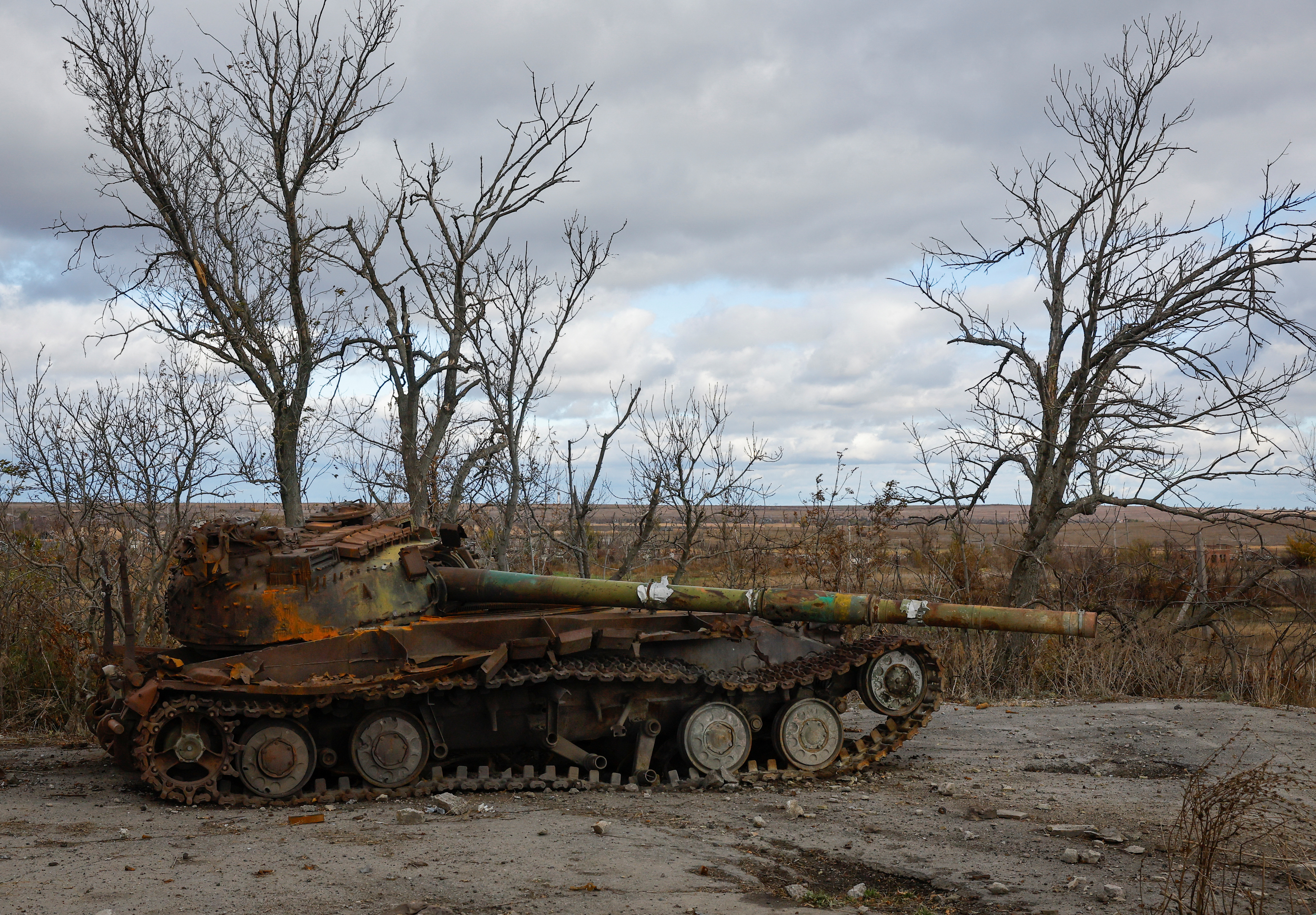 A tank destroyed in the course of Russia-Ukraine conflict is seen outside Donetsk