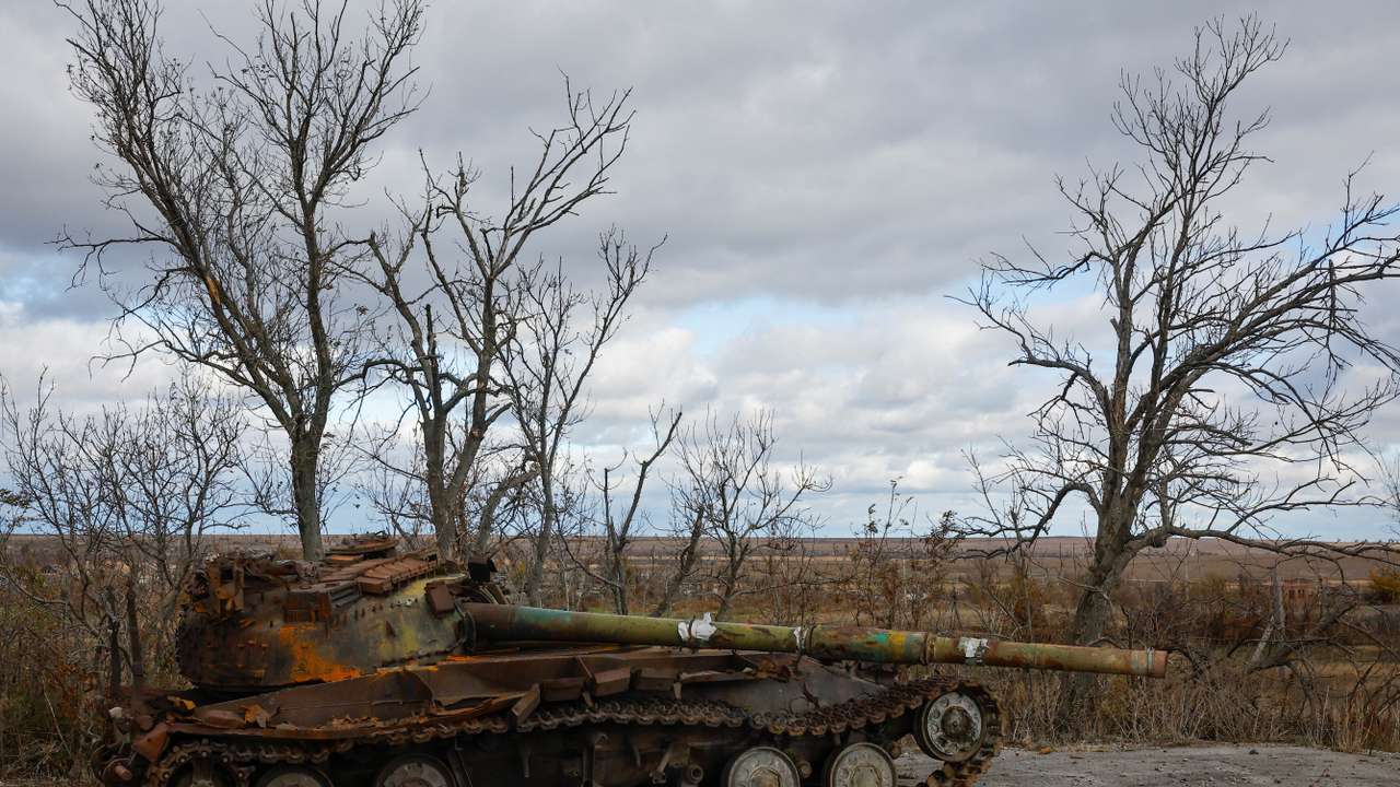 A tank destroyed in the course of Russia-Ukraine conflict is seen outside Donetsk