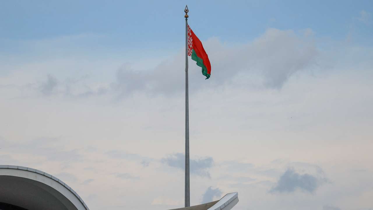 A national flag of Belarus flies in Minsk